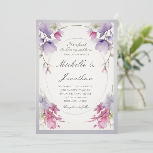 Lavender Pink Flowers Bible Christian Wedding Invitation
