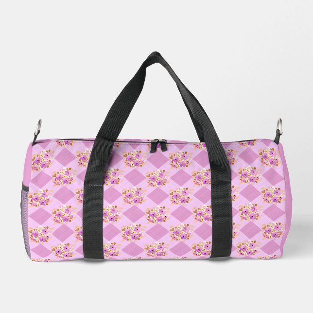 Lavender Pink Flowers Gingham Pattern Country Duffle Bag (Back)