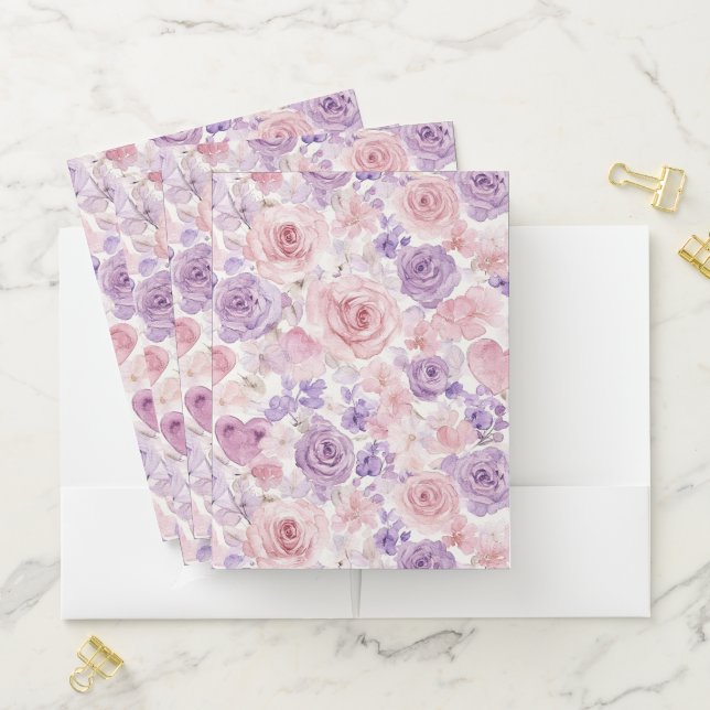 Lavender Pink Flowers & Hearts Pocket Folder (In Situ)
