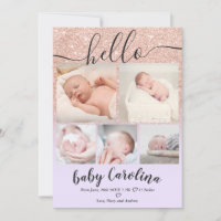 Lavender pink glitter 5 grid photo baby girl birth announcement