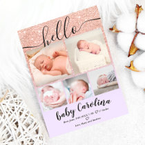 Lavender pink glitter 5 grid photo baby girl birth announcement