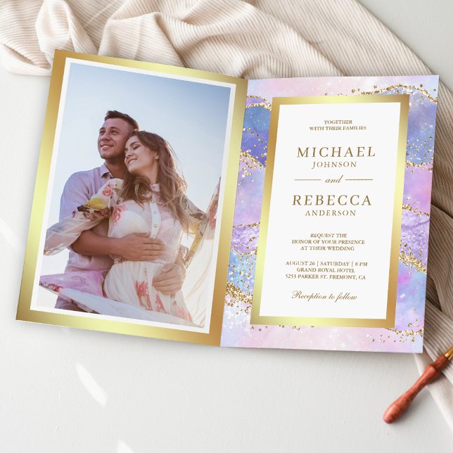 Lavender Pink Gold Agate Marble QR Code Wedding Invitation (Creator Uploaded)