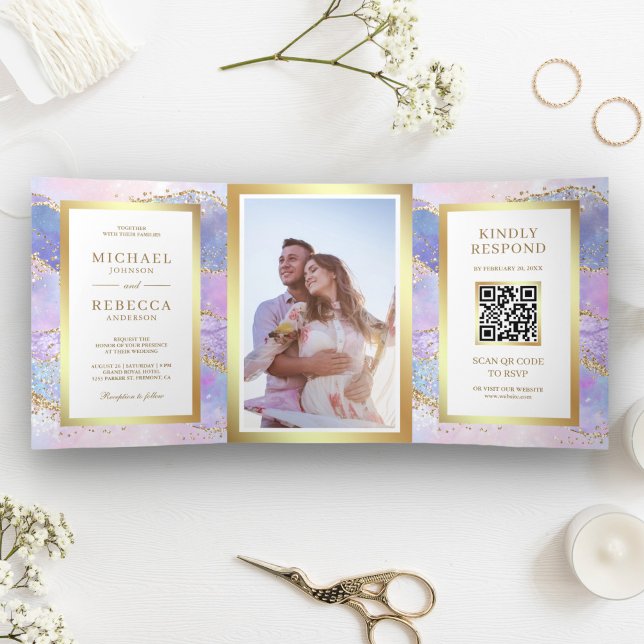 Lavender Pink Gold Agate Marble QR Code Wedding Tri-Fold Invitation (Creator Uploaded)