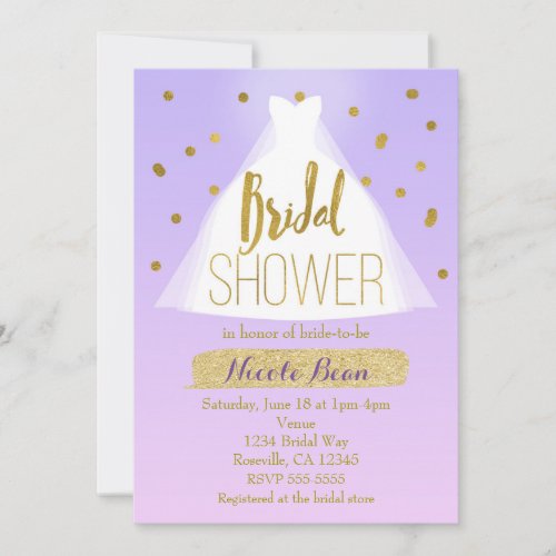 Lavender Pink  Gold Bridal Shower Wedding Dress Invitation