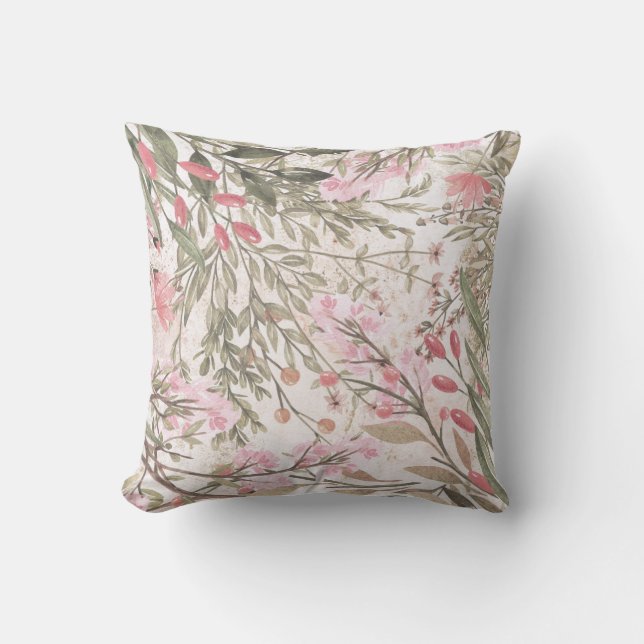 Lavender pink green gray watercolor floral  throw  pillow (Front)