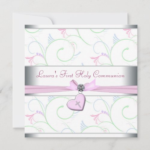 Lavender Pink Heart Pink Cross First Communion Custom Announcements