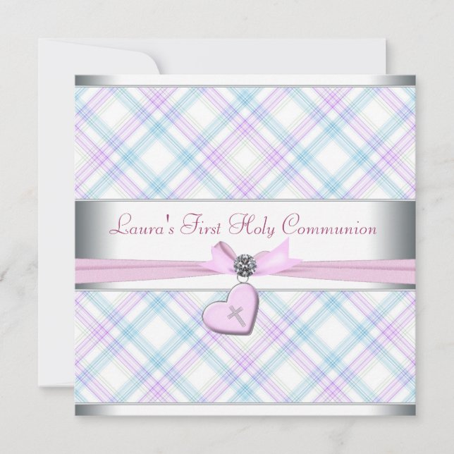 Lavender Pink Heart Pink Cross First Communion Invitation (Front)