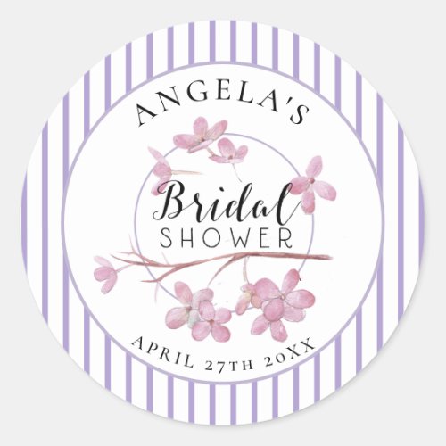 Lavender Pink Lilac Stripes Bridal Shower  Classic Round Sticker
