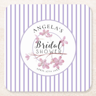 Lavender Pink Lilac Stripes Bridal Shower  Square Paper Coaster