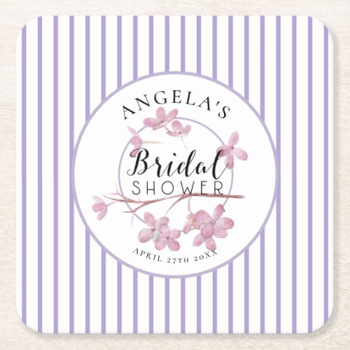 Lavender Pink Lilac Stripes Bridal Shower  Square Paper Coaster