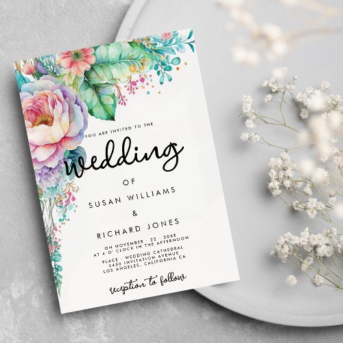 Lavender pink mint coral watercolor floral wedding invitation