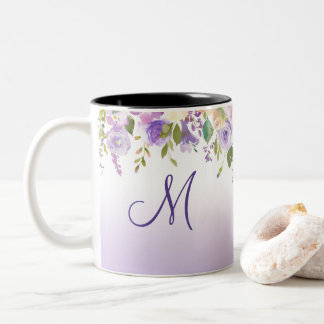 Lavender Pink Moss Green Monogram & Name Floral Two-Tone Coffee Mug