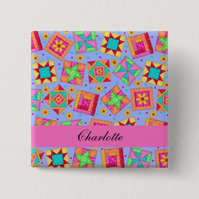 Lavender Pink Patchwork Quilt Blocks Name Badge Button (Front)