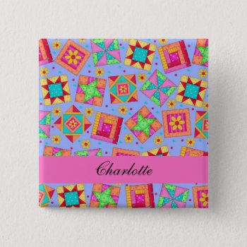 Lavender Pink Patchwork Quilt Blocks Name Badge Button by phyllisdobbs at Zazzle