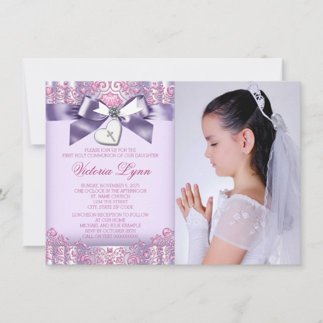 Lavender Pink Photo First Communion Invitation (Front)