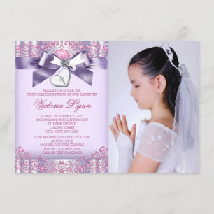 Lavender Pink Photo First Communion Invitation