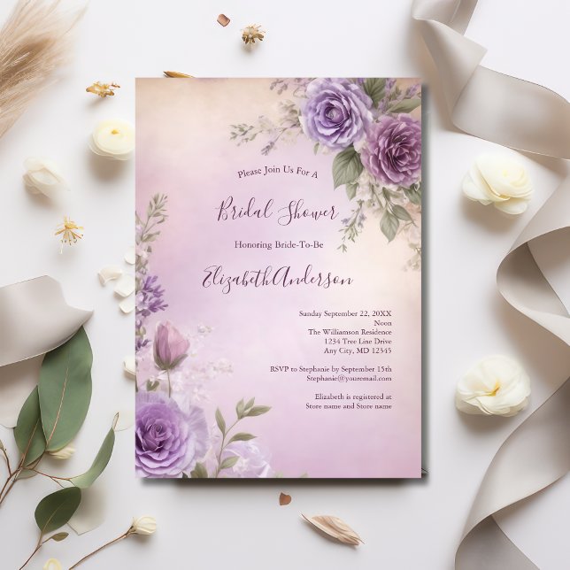 Lavender Pink Purple Floral Elegant Bridal Shower Invitation (Lavender Pink Purple Floral Watercolor Bridal Shower invitation)