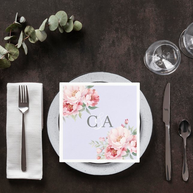 Lavender pink roses florals monogram wedding napkins (Creator Uploaded)