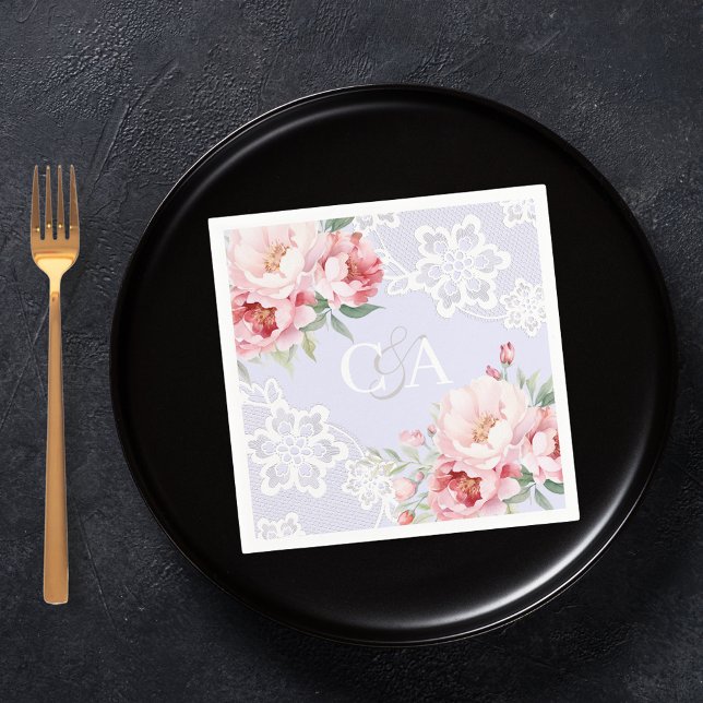 Lavender pink roses florals monogram wedding napkins (Creator Uploaded)
