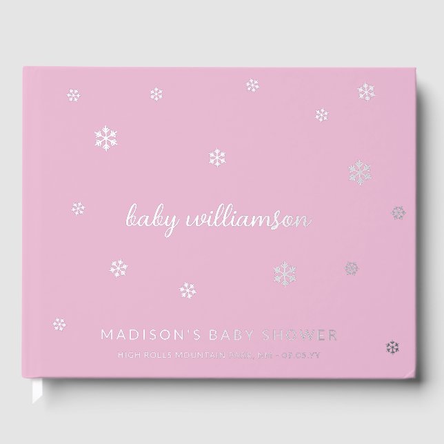 Lavender Pink Snowflakes Girl Winter Baby Shower Foil Guest Book (Front)