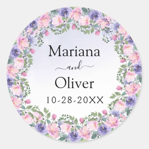 Lavender Pink Watercolor Floral Wedding Classic Round Sticker