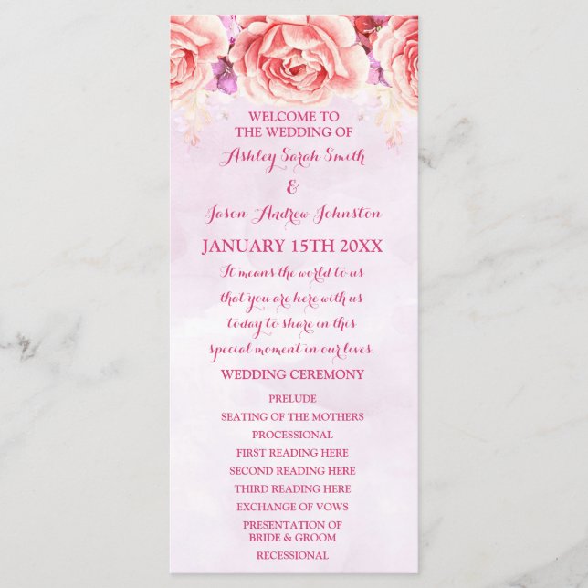 Lavender Pink Watercolor Flowers Wedding Program (Front)