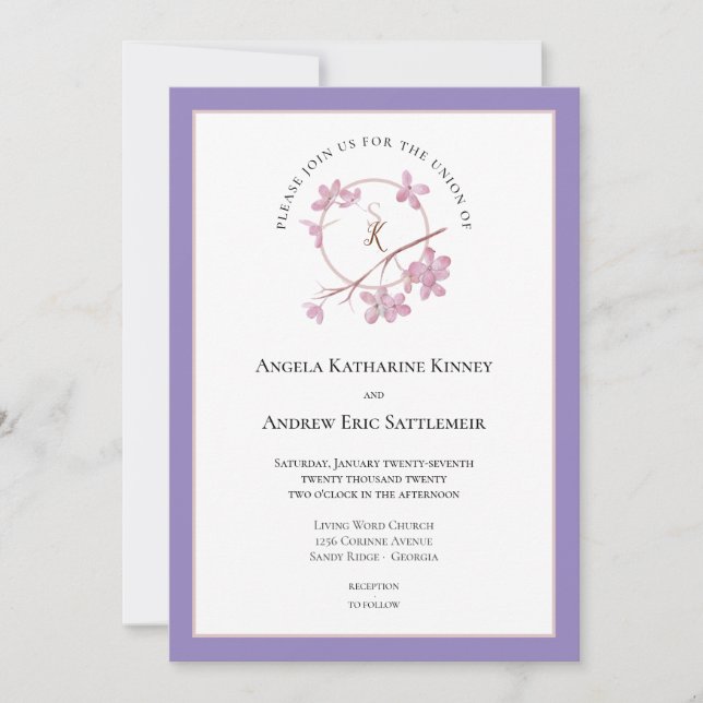 Lavender Plum Blossom Initials Invitation (Front)