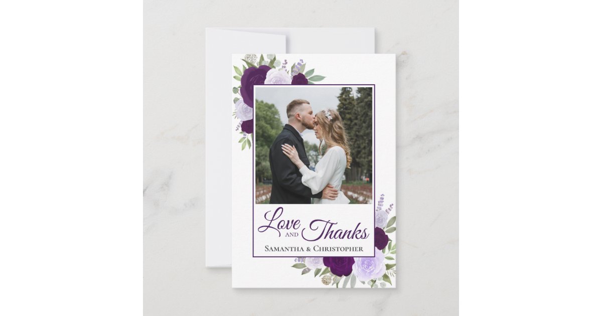 Lavender & Plum Purple Roses Love & Thanks Wedding Thank You Card | Zazzle