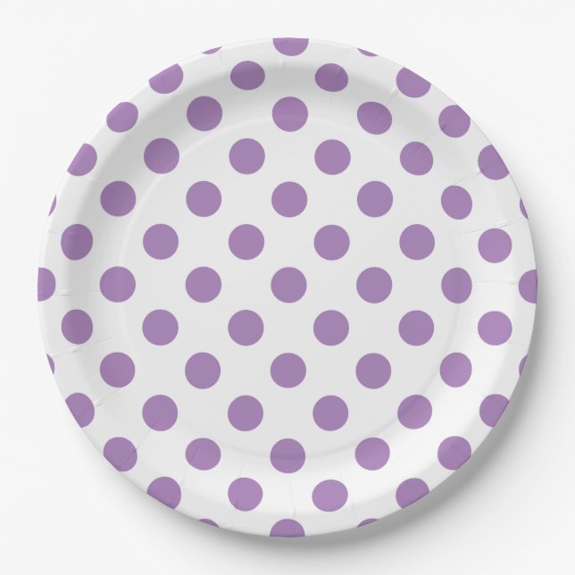 Lavender polka dots on white paper plates (Front)
