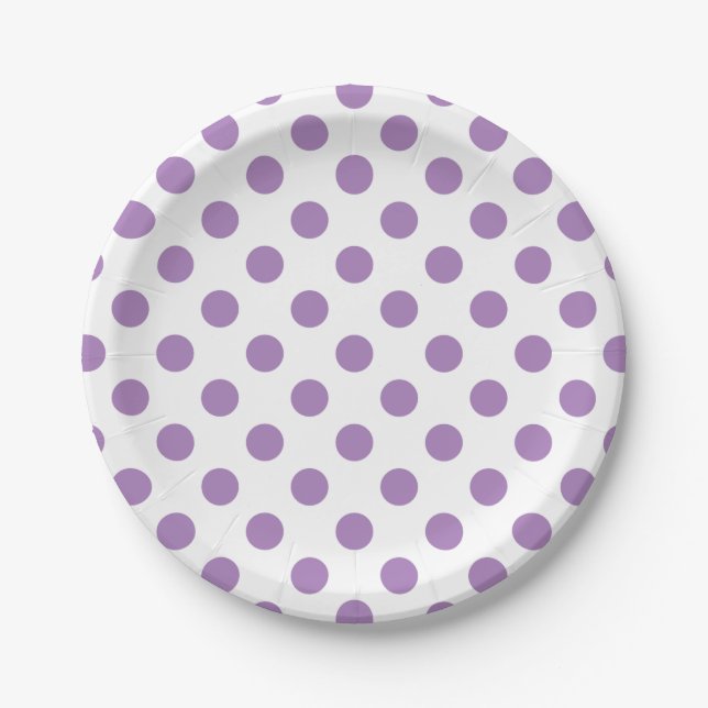 Lavender polka dots on white paper plates (Front)