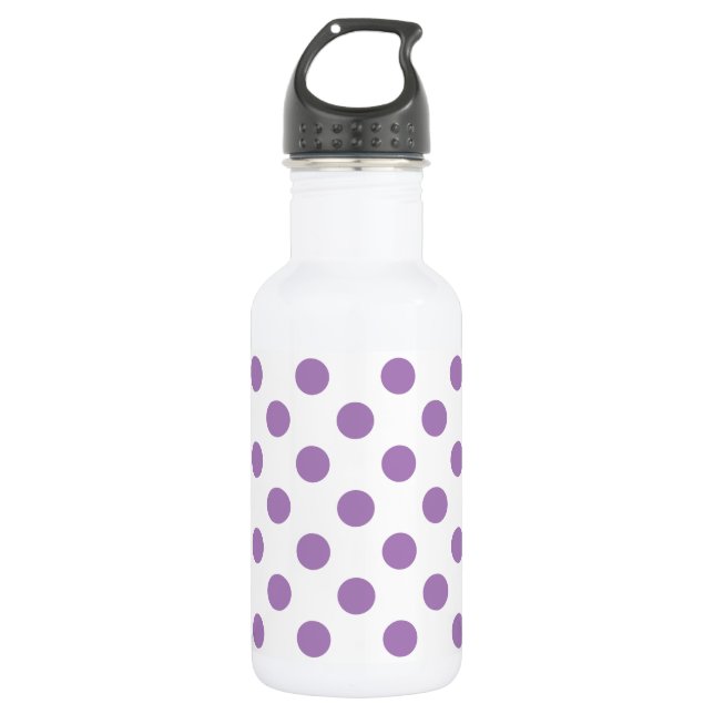 Lavender polka dots on white stainless steel water bottle (Front)