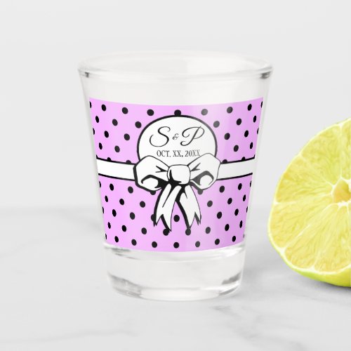 Lavender Polka Dots White Bow Personalized Shot Glass