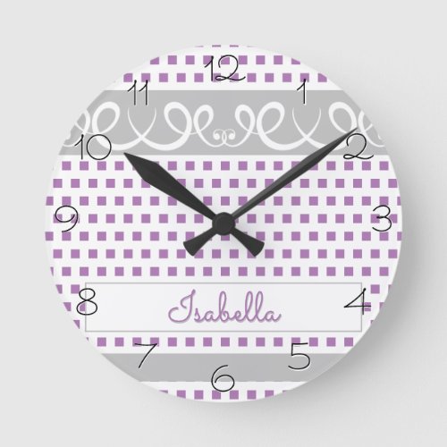 Lavender Polka Dots With Swirls Girly Nursery Round Clock