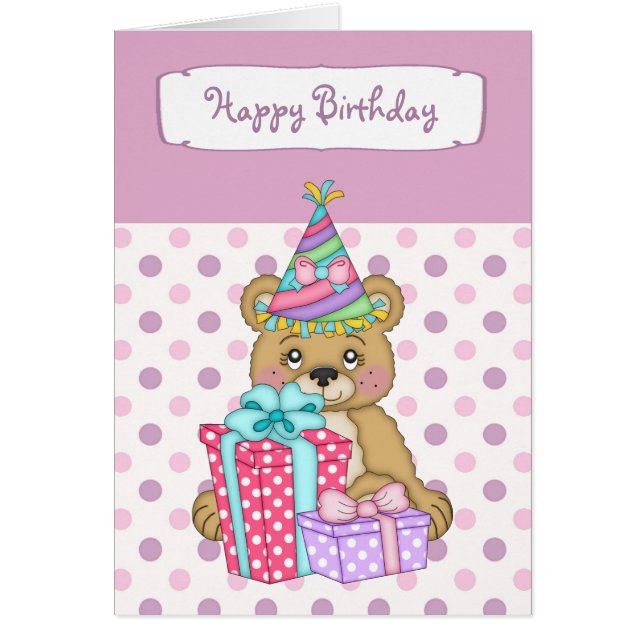 Lavender Polkadot Bear Kids Birthday Greeting Card (Front)
