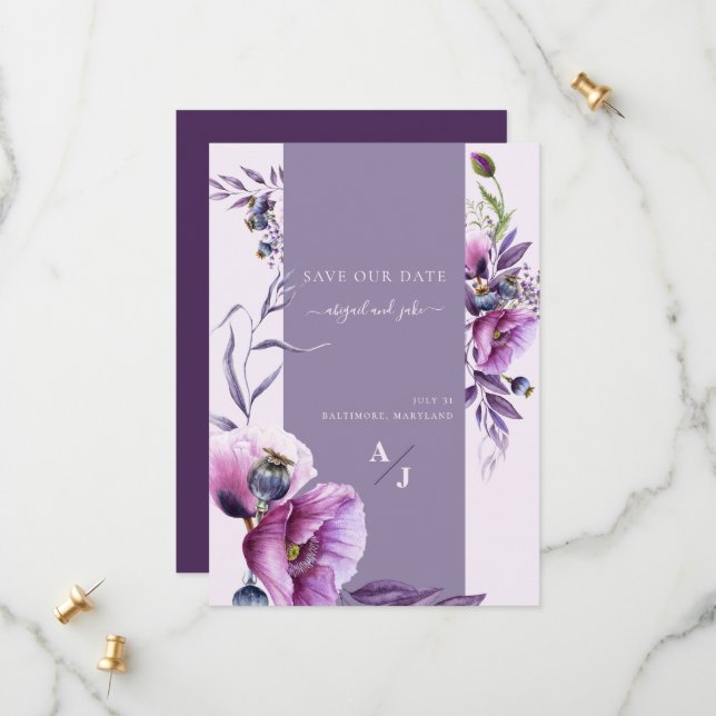 Lavender Poppy Floral Wedding Save Our Date Save The Date (Front/Back In Situ)