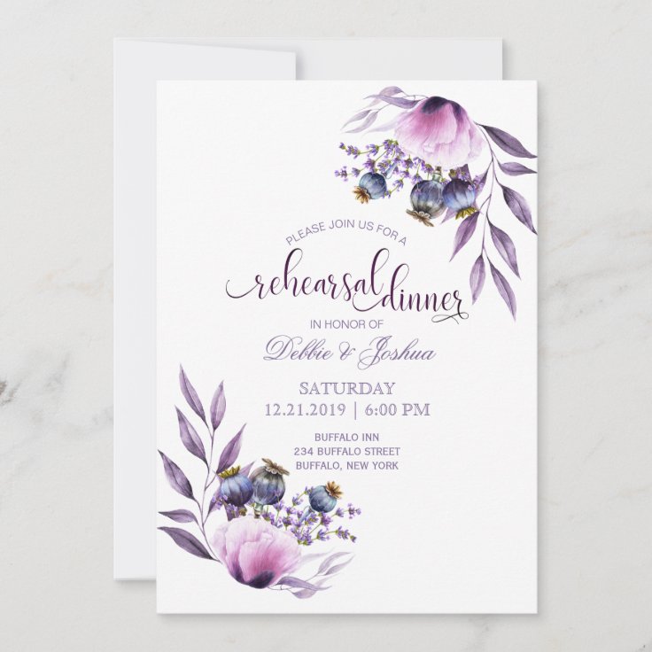 Lavender Poppy Watercolor Wedding Rehearsal Invitation | Zazzle
