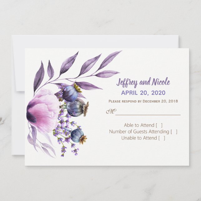 Lavender Poppy Watercolor Wedding RSVP Invitation (Back)