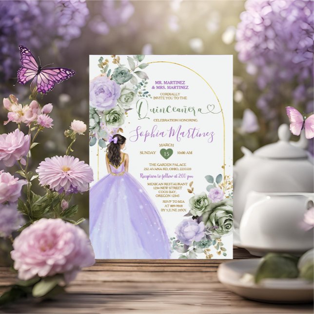 Lavender Princess Sage Green Floral Quiñceanera Invitation (Creator Uploaded)