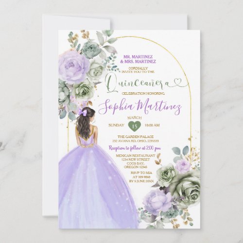 Lavender Princess Sage Green Floral Quiceanera Invitation