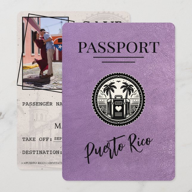 Lavender Puerto Rico Passport Save The Date (Front/Back)