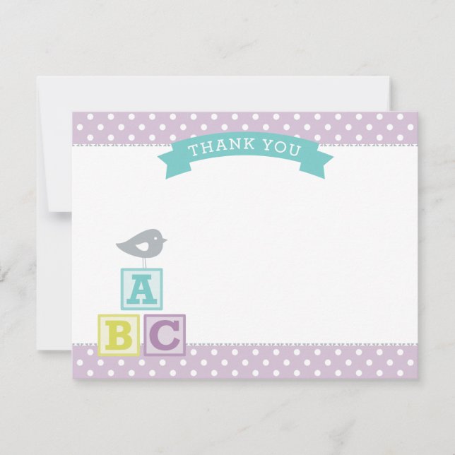 Lavender Purple ABC Blocks Bird Baby Girl Thank You Card (Front)