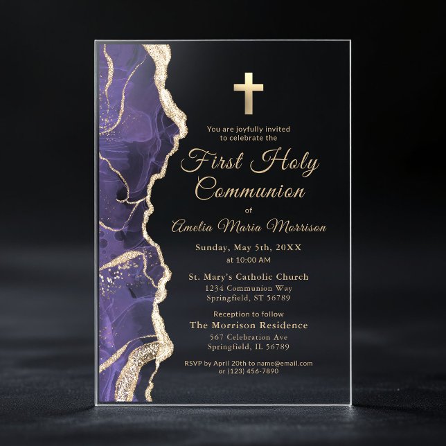 Lavender Purple Agate First Holy Communion Girl Acrylic Invitations (Creator Uploaded)
