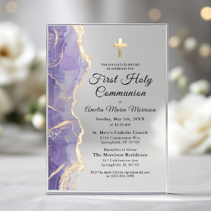 Lavender Purple Agate First Holy Communion Girl Acrylic Invitations