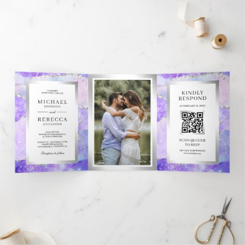 Lavender Purple Agate Marble QR Code Wedding Tri_Fold Invitation