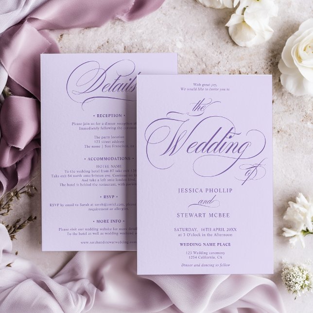Lavender Purple all in one calligraphy wedding  Invitation (Lavender Purple all in one calligraphy wedding Invitation)