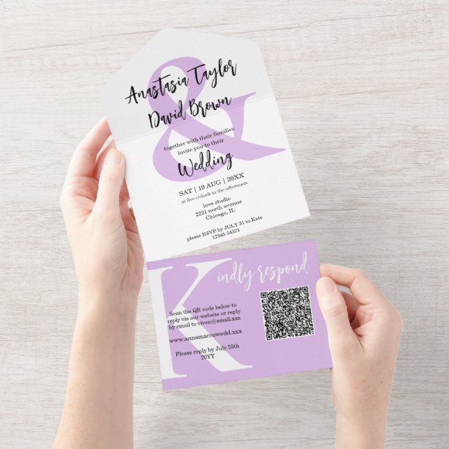 Lavender Purple Ampersand QR Code  All In One Invitation (Tearaway)
