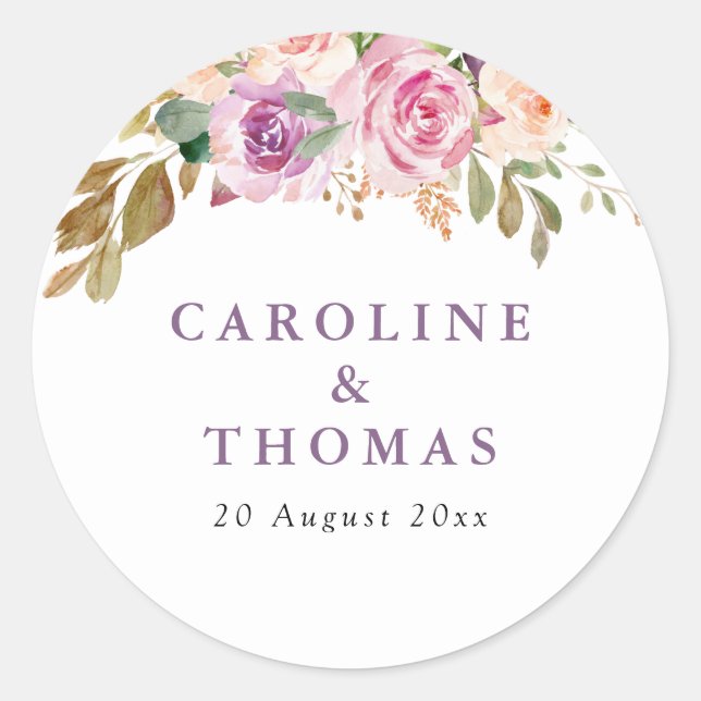 lavender purple and blush floral wedding classic round sticker (Front)