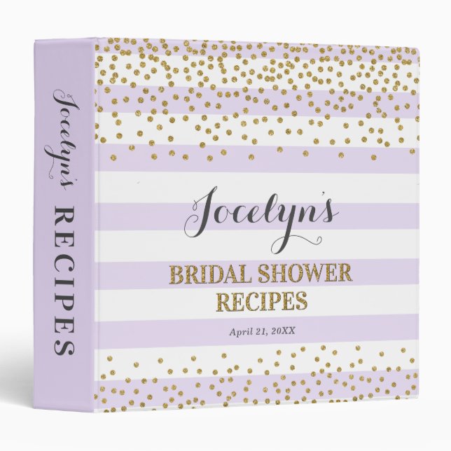 Lavender Purple and Gold Bridal Shower Recipe Book 3 Ring Binder (Front/Spine)