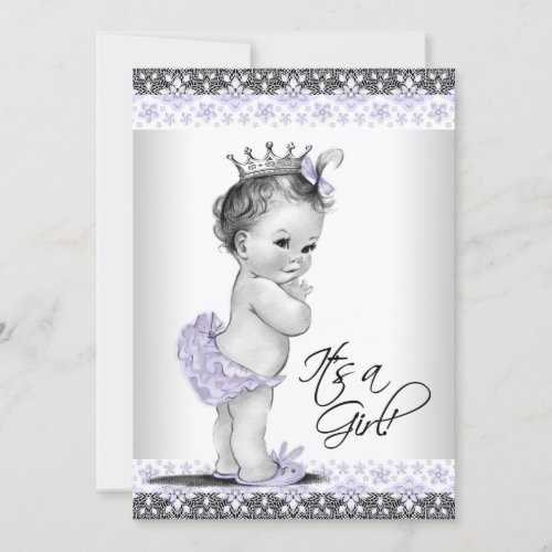 Lavender Purple and Gray Vintage Baby Girl Shower Announcement