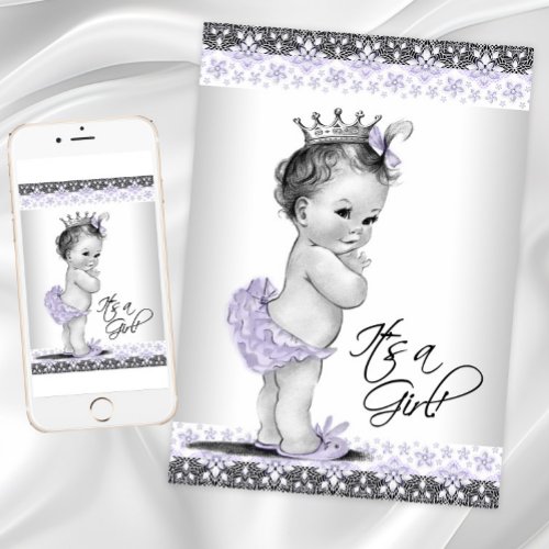 Lavender Purple and Gray Vintage Baby Girl Shower Invitation
